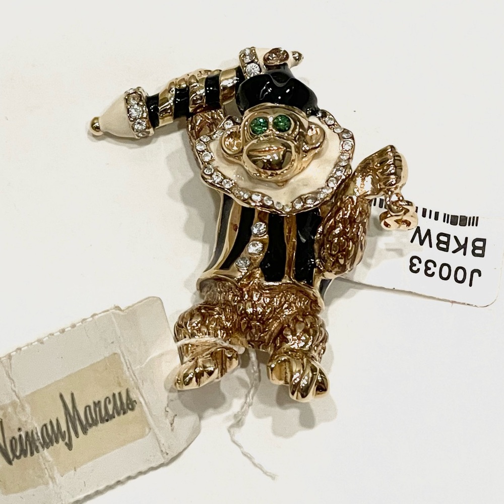 NWT ST. JOHN Gold and Black Crystal and Enamel Vintage Circus Chimp Brooch Pin